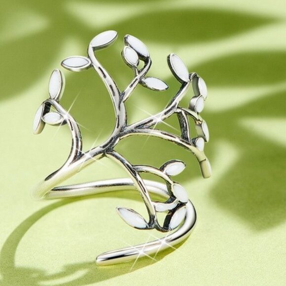 White enamel leaf adjustable wrap ring in 925 sterling silver Big Dramatic NWOT - Picture 3 of 5